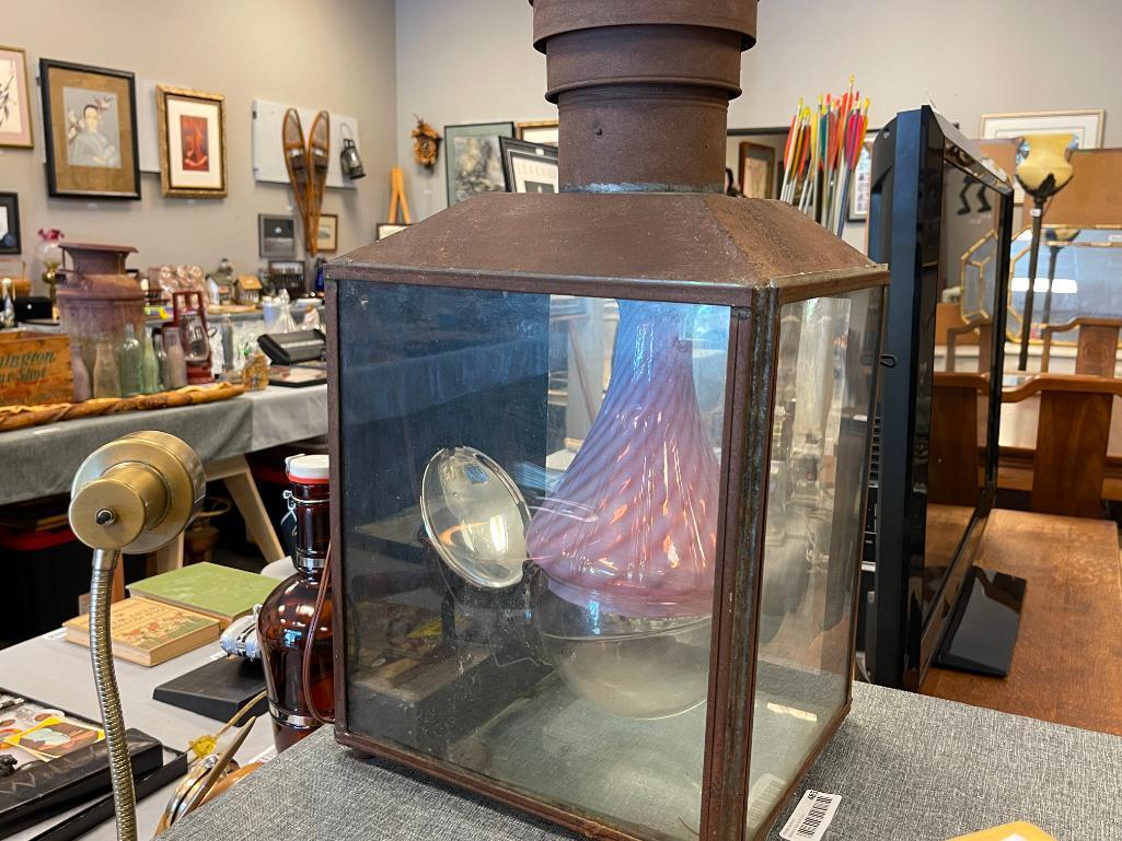 SHEET IRON NO. 115 RAILROAD STATION LANTERN WITH FENTON PINK SWIRL BLOWN GLASS SHADE