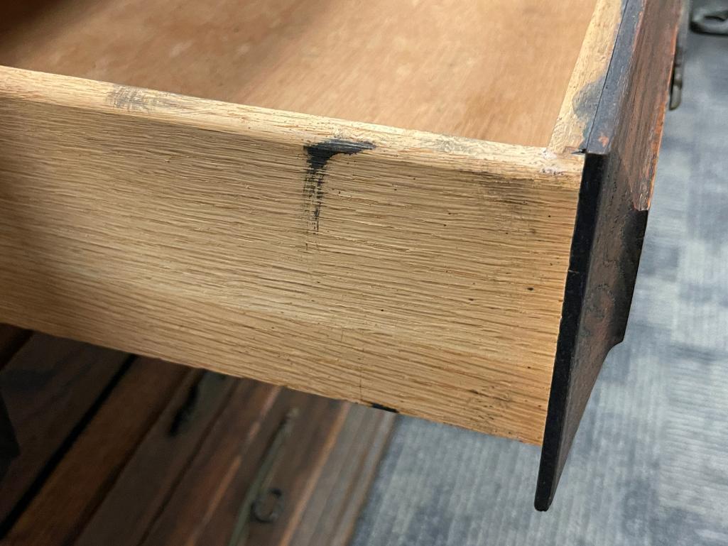VINTAGE SOLID OAK CONSOLE TABLE FEATURING THREE DRAWERS AND TWO CABINETS