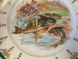 CIRCA 1900'S STERLING CHINA FISH DECORATED SALAD PLATES WITH GILT ACCENTS SET OF THREE PLATES