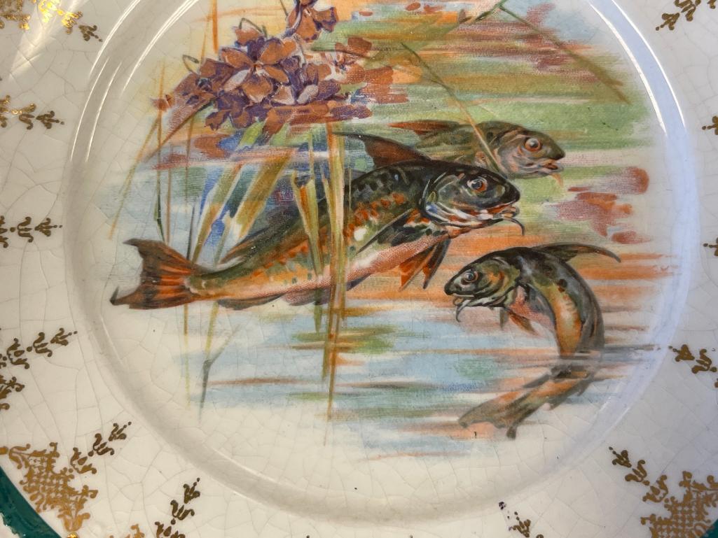 CIRCA 1900'S STERLING CHINA FISH DECORATED SALAD PLATES WITH GILT ACCENTS SET OF THREE PLATES