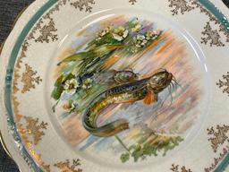 CIRCA 1900'S STERLING CHINA FISH DECORATED SALAD PLATES WITH GILT ACCENTS SET OF THREE PLATES