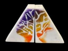 PAIR OF HEAVY QUARTZ STONE BOOKENDS WITH MULTICOLOR PAINTED TREE SILHOUETTES ON FRONT AND BACK