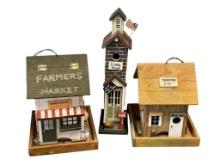 THREE WHIMSICAL WOODEN HANDCRAFTED BIRD HOUSES TRADING POST, FARMERS MARKET, AND SCHOOL HOUSE