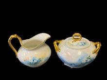 ANTIQUE LIMOGES J.P. LIMOGES PORCELAIN HAND PAINTED CREAMER AND SUGAR BOWL WITH LID MADE IN FRANCE
