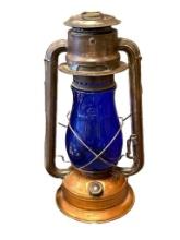 C.T. HAM NO. 2 COLD BLAST RAILROAD LANTERN WITH COBALT BLUE GLASS GLOBE