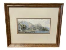ORIGINAL WATERCOLOR ON PAPER LAKE SCENE WITH MOUNTAINS IN BACKGROUND NO ARTIST SIGNATURE PRESENT