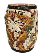 LARGE CERAMIC ASIAN INSPIRED GARDEN STOOL WITH PIERCED DRAGON AND CLOUD DESIGN