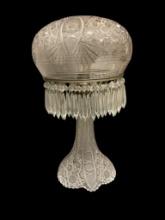 AMERICAN BRILLIANT PERIOD PRESSED GLASS MUSHROOM LAMP WITH HANGING PRISMS