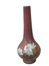 ZHONGHUA TAO CHINESE POTTERY CERAMIC BUD VASE WITH FLORAL DESIGN, PURPLE CRACKLED GLAZE
