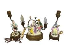 20TH CENTURY FRENCH PROVINCIAL PORCELAIN ROMANCE FIGURAL BOUDIER LAMPS WITH DECORATIVE BASE