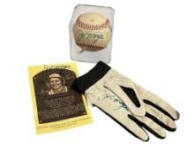 HALL OF FAMER JOE MORGAN AUTOGRAPHED BASEBALL MEMORBILLIA AUTOGRAPHED BASEBALL, BASEBALL GLOVE, AND