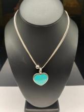 STERLING SILVER TURQUOISE COLORED STONE HEART PENDANT ON SILPADA STERLING SILVER NECKLACE