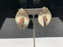 VINTAGE NAVAJO STERLING SILVER BEN S. ARTIST SIGNED CORAL AND BLACK ONYX INLAY EARRINGS