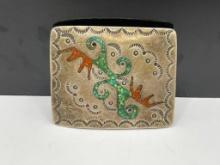 VINTAGE NAVAJO STERLING SILVER CRUSHED TURQUOISE AND CORAL INLAID BELT BUCKLE