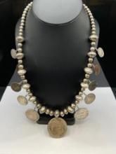 UNIQUE VINTAGE STERLING SILVER SQUASH BLOSSOM STYLE COIN NECKLACE FEATURING U.S. COINS