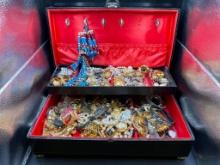 JEWELRY CASE FILLED WITH COSTUME JEWELRY INCLUDING SOME SIGNED PIECES