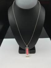 DESIGNER STERLING SILVER PINK STONE GEOMETRIC DROP NECKLACE
