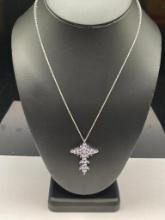 STERLING SILVER MARQUISE PURPLE STONE CROSS PENDANT NECKLACE