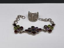 VINTAGE STERLING SILVER GEMSTONE BRACELET FEATURING AMETHYST AND PERIDOT AND STERLING BUTTERFLY R...