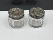 PAIR OF ANTIQUE STERLING SILVER LID CRYSTAL SALT CELLARS