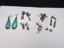 SEVEN PAIRS OF VINTAGE STERLING SILVER EARRINGS INCLUDING TURQUOISE AND LAPIS