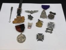 ASSORTED VINTAGE BADES AND MEDALS INCLUDING SEVERAL STERLING SILVER