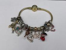 PANDORA STERLING SILVER BRACELET AND CHARMS, "50," TREE OF LIFE, CHICAGO, MOON AND STARS, AND MORE