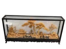 VINTAGE CHINESE SAN YOU INTRICATE HAND CARVED CORK DIORAMA DEPICTS TRADITIONAL IMAGERY OF PAGODAS