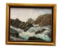 LARGE ORIGINAL OIL ON CANVAS BY ARTIST PAM SARKISIAN OF WATER CRASHING ON ROCKS SIGNED LOWER RIGHT
