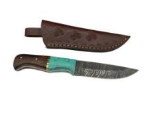 DAMASCUS STEEL FIXED BLADE KNIFE WITH TURQUOISE COLORED AND WALNUT WOOD HANDLE