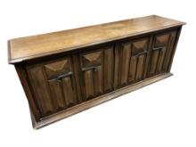 VINTAGE STANLEY BIRCH GRAIN FOUR DOOR CREDNZA WITH METAL HARDWARE, RECTANGULAR DESIGN ON FRONT DO...