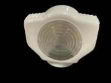 ART DECO PERIOD INDUSTRIAL CLEAR AND WHITE FINISH ORNATE FIXTURE LAMP SHADE