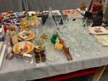 LARGE ASSORTMENT OF GLASSWARE, COLLECTIBLES, FIGURINES, CHINA, AND MORE