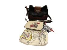 WOMANS BRIGHTON DESIGNER LEATHER AND CANVAS BAGS PLUS TWO SILK POUCHES