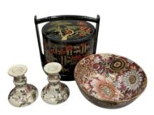 ORIENTALIA TOYO PORCELAIN GILT DECORATED BOWL, PAIR CANDLESTICKS, AND LACQUERED BENTO / JUBAKO BOX