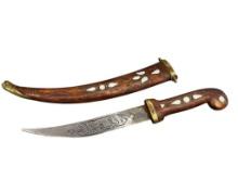ZANZIBAR MADE ECORATIVE EXOTIC WOOD DAGGER AND SHEATH WITH ENGRAVED BLADE AND DECORTIVE INLAY