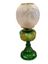 ANTIQUE RIVERSIDE FOOTED EMPRESS OIL LAMP WITH BRASS COLLAR STAMPED 1882-1883