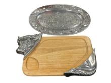 ARTHUR COURT SAFARI ANIMAL ALUMINUM SERVING PLATTER AND COW STEAK CUTTING BOARD WITH ALUMINUM HEAD