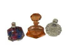 THREE DECORATIVE ART GLASS LADIES FRAGRANCE BOTTLES