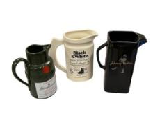 THREE PROMOTIONAL GIN AND SCOTCH WHISKEY ADVERTISMENT CERAMIC PITCHERS JOHNNIE WALKER, TANQUERAY