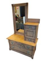 EARLY 1900'S ANTIQUE GENTLEMENS DRESSER WITH BEVELED SWIVEL MIRROR AND ATTACHED HATBOX
