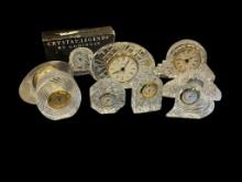 EIGHT GLASS AND CRYSTAL DECORATIVE DESK / TABLE CLOCKS ONE IS MADE IN CZECH, OTHER MADE BY TIPPER...
