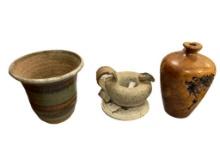 ARTISAN CRAFTS TURNED BURL WOOD VASE, STUDIO POTTERY OIL LAMP WITH TRIVET, AND USA POTTERY VASE