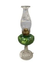 ANTIQUE RIVERSIDE GLASS CO CLEAR AND GREEN GLASS RAISED FERN PATTERN OIL LAMP