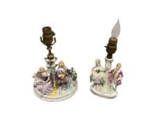 VINTAGE 1940'S PORCELAIN BOUDOIR FIGURAL COLONIAL COUPLE GERMAN TABLE LAMPS ONE MARKED GDEP