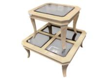 1980'S LACQUERED IVORY COLOR COCKTAIL TABLE AND MATCHING ENDTABLE WITH SMOKED GLASS INSERTS