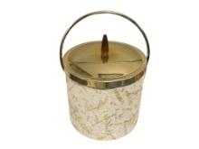 VINTAGE MID-CENTURY ICE BUCKET FEATURING FOLT TONE FOLIATE DESIGN AND GOLD TONE GLASS INSERT