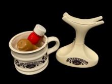 CERAMIC OLD FASHIONED LUXURY BARBER SHOP SHAVING ITEMS INCLUDING RAXOR AND BRUSH STAND BY FRANKLIN