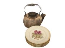 ANTIQUE CAST IRON TEA KETTLE AND SET OF FIVE JKW WESTERN GERMANY FINE PORCELAIN FRUIT MOTIF PLATES