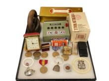 ASSORTED VINTAGE COLLECTIBLES INCLUDING MIITARY SERVICE MEDALS, STERLING BABY RATTLES, AND MORE
